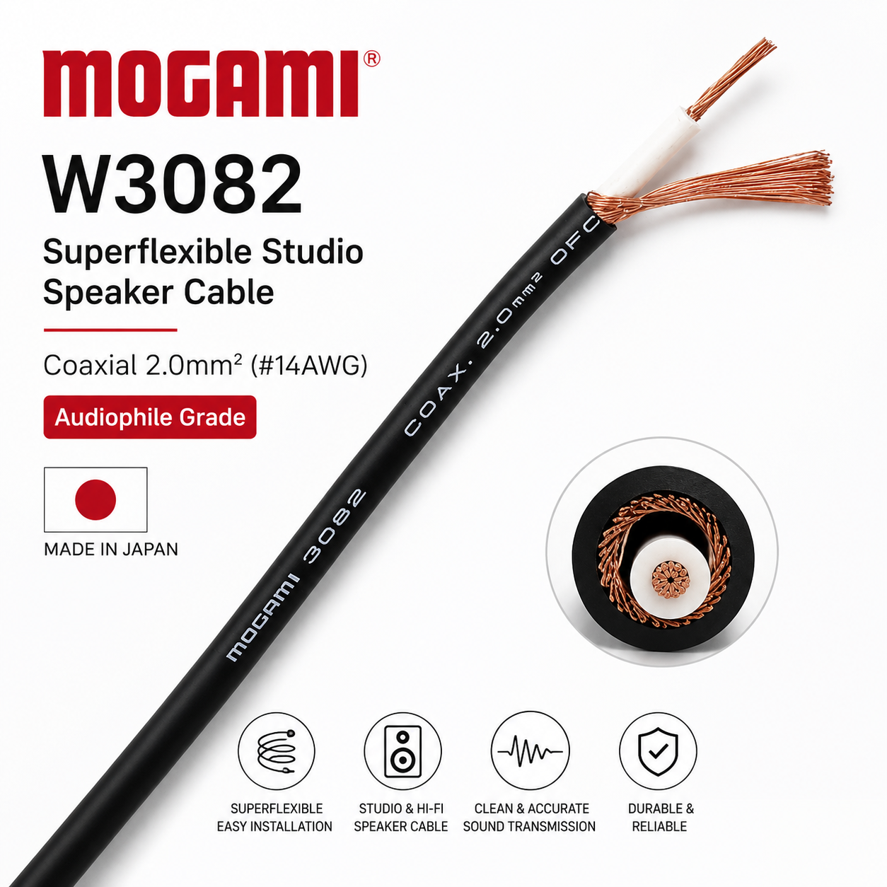Mogami W3082 超柔录音室喇叭线 – 同轴 2.0mm² (#14AWG) 发烧级日本制造音箱线