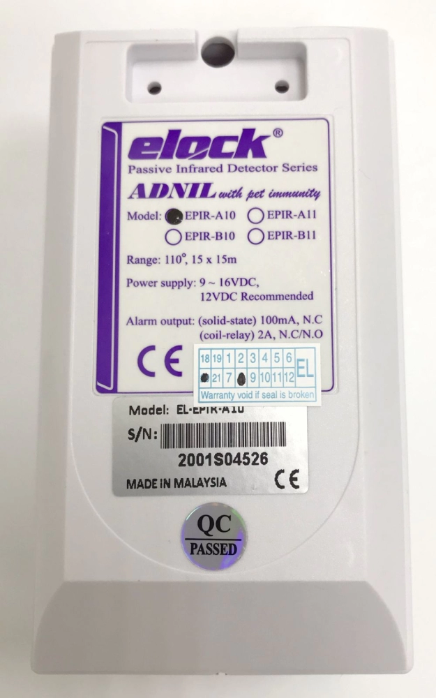 Elock EL-EPIR-A10 Alarm Passive Infrared Detector With Pet Immunity - Motion Sensor (PIR)