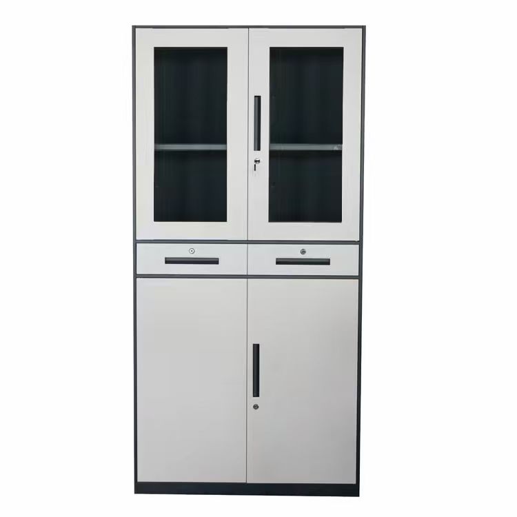 Half Glass Steel Cabinet with Middle Drawer c/w Swing Door