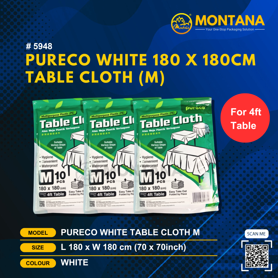 (5948) PURECO WHITE 180 X 180CM TABLE CLOTH (M)
