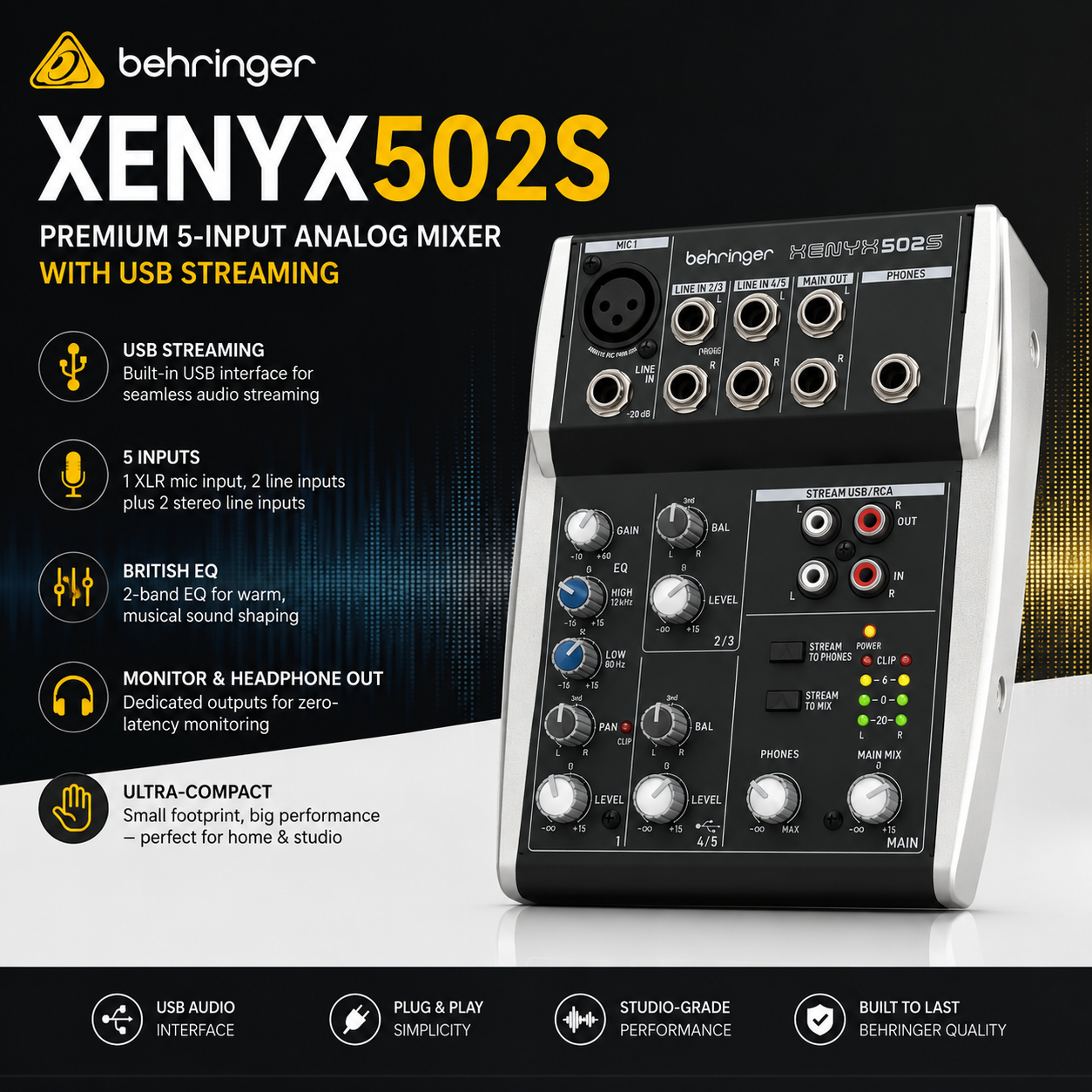 Behringer XENYX502S – 高品质5路输入模拟混音器，支持USB音频串流，适合录音与播客