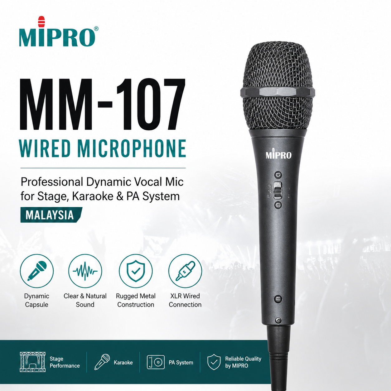 MIPRO MM-107 有线麦克风 – 专业动圈人声麦克风，适用于舞台演出、卡拉OK及扩音系统