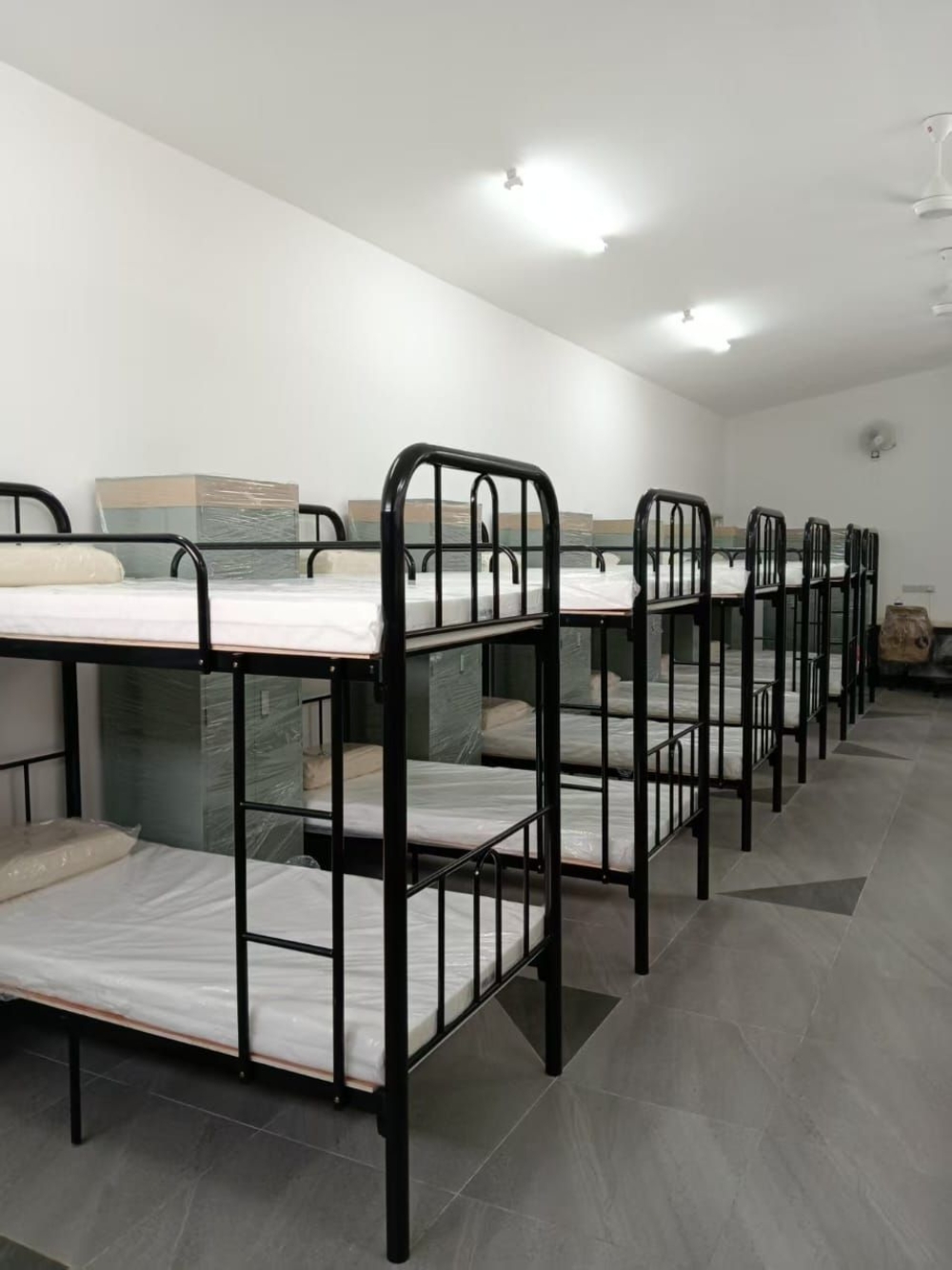 Heavy Duty Double Decker Metal Bed with High Resilient Foam Mattress & Steel Wardrobe | Military Dormitory & Hostel Furniture Malaysia For UPKAT, PLKN,CLKN, Kem Tentera, Kolej, Universiti