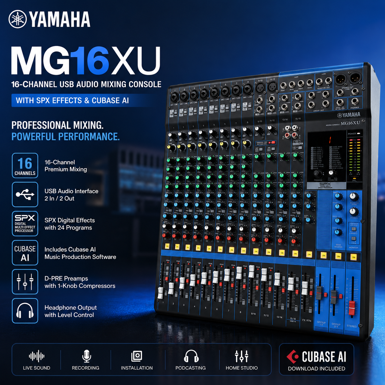 雅马哈 MG16XU – 16通道 USB 音频调音台 带SPX效果器与Cubase AI