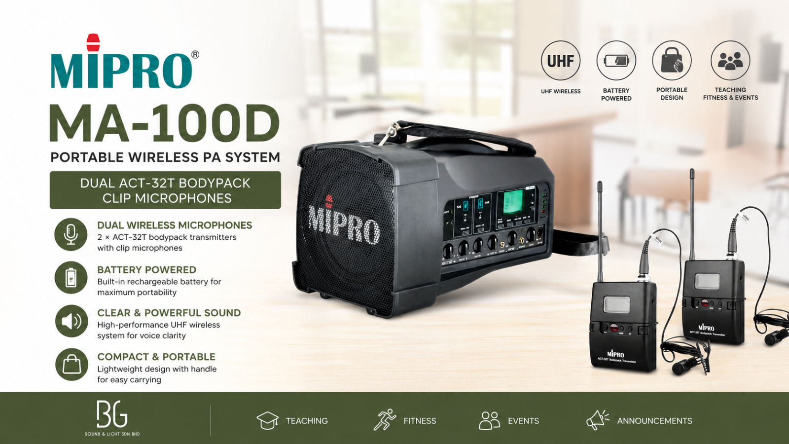 MIPRO MA-100D Portable Wireless PA System Dual ACT-32T Bodypack Clip Microphones UHF Battery Powered Speaker for Teaching, Fitness & Events