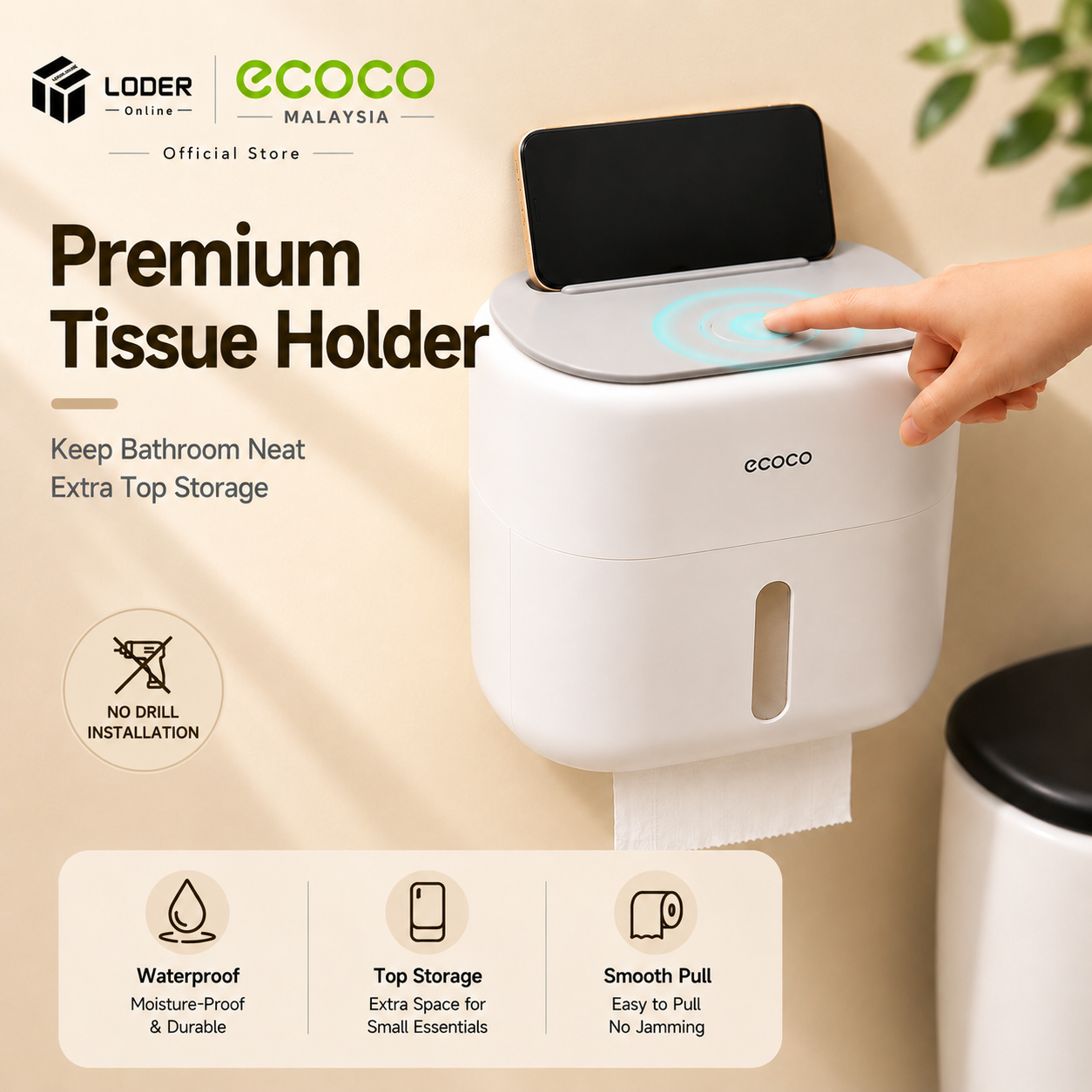LODER ECOCO Wall Mounted Tissue Box Toilet Paper Holder Waterproof No Drill Storage Box Bathroom Organizer