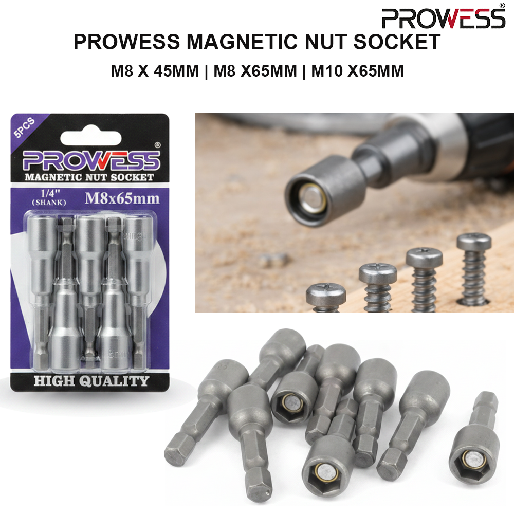 PROWESS MAGNETIC NUT SOCKET | MAGNETIC IMPACT NUT DRIVER SOCKET | PROFESSIONAL FASTENING TOOL  M8 X 45MM | M8 X65MM | M10 X65MM  ( PW40-5345 | PW40-5365 | PW40-5465 )