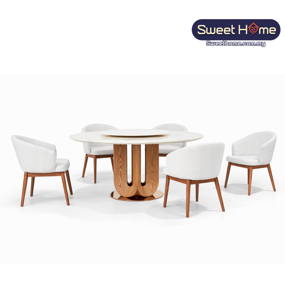 NOBEL Natural Stone Round Dining Table Set – Solid Wood Base & Rose Gold Accent (6 / 8 Seater)