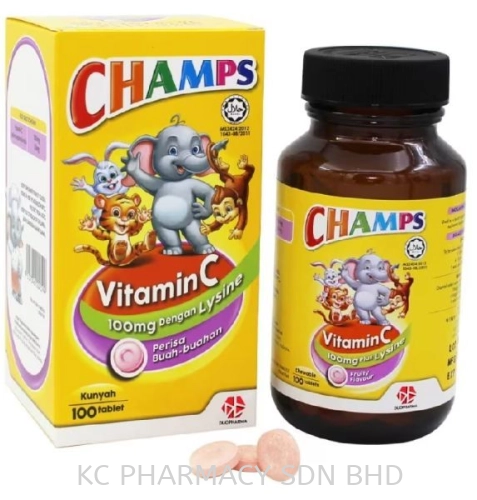 CHAMPS VITAMIN C 100MG PLUS LYSINE- FRUITY FLAVOUR 100's / 100's x 2  (EXP:07/2025)