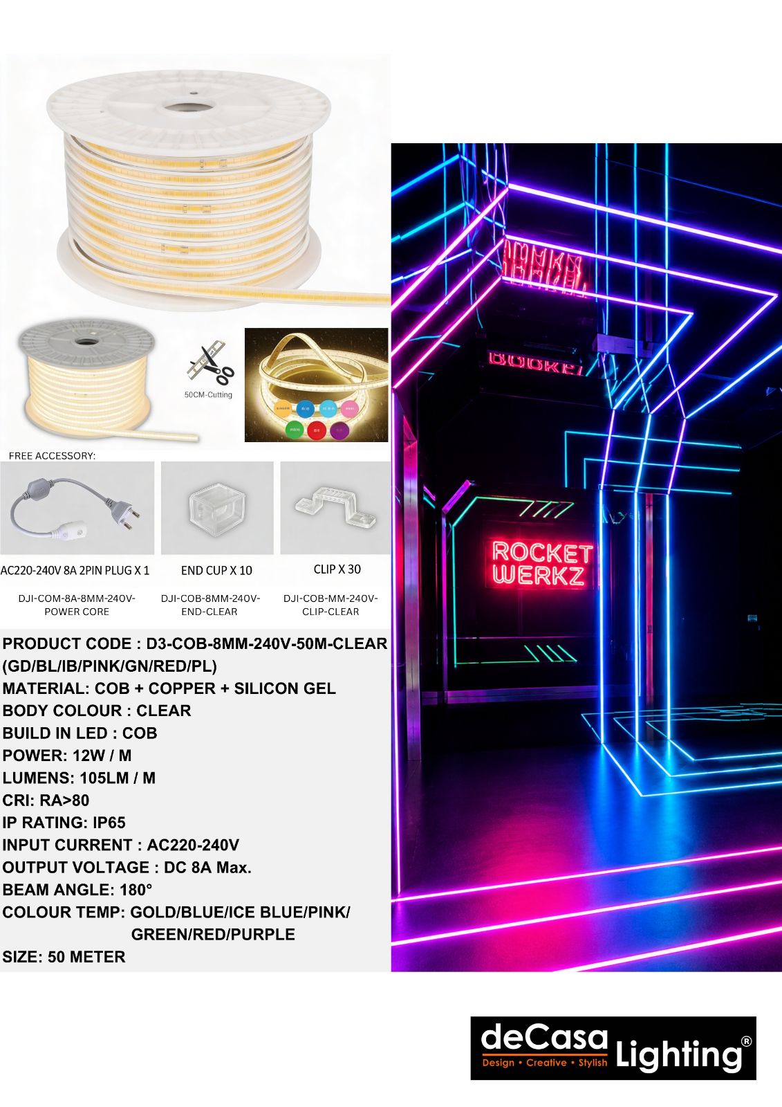 (240V) LED STRIP LIGHT (D3-COB-8MM-240V-50M-CLEAR(GD/BL/IB/PINK/GN/RED/PL))