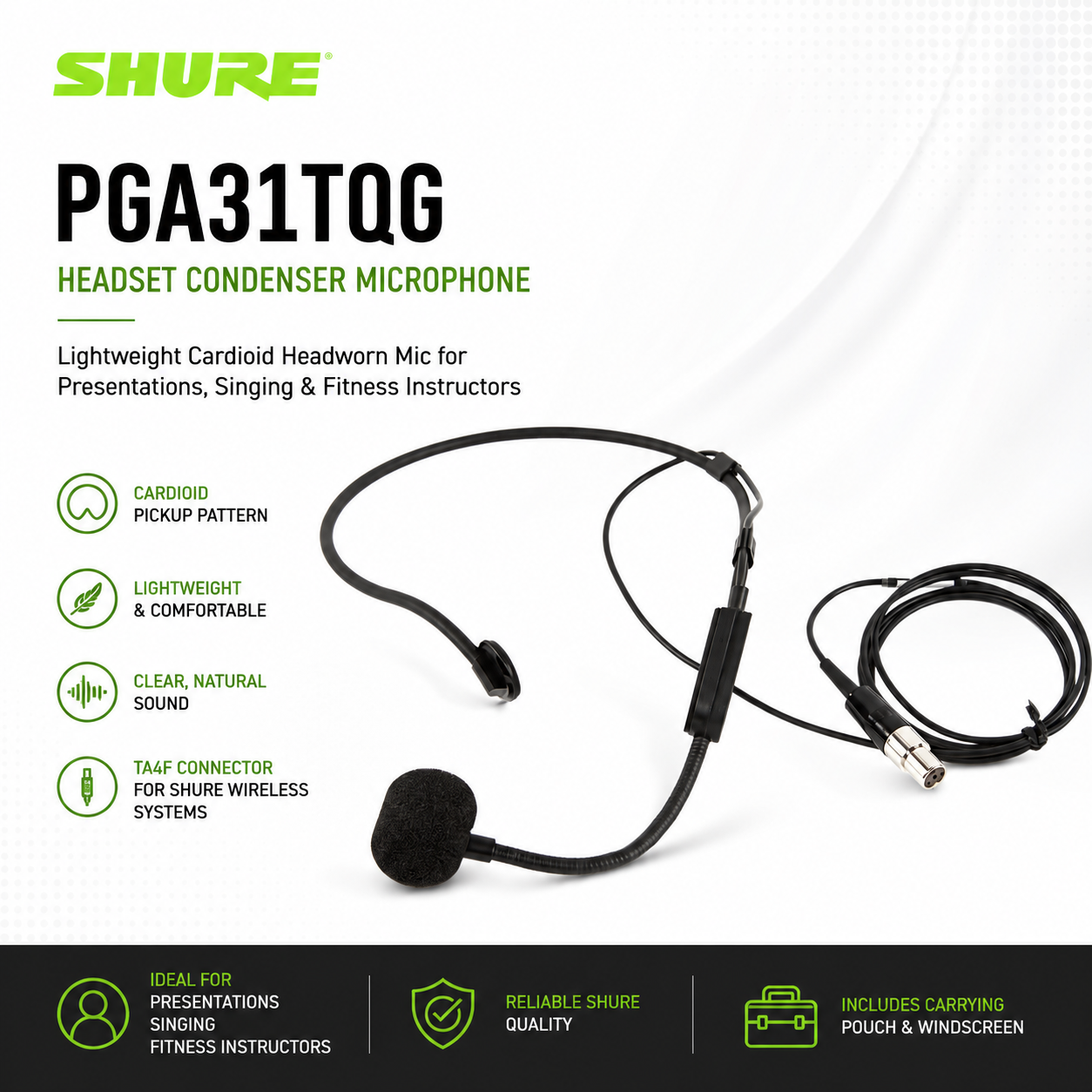 Shure PGA31TQG Mikrofon Kondensor Headset – Mikrofon Kepala Kardioid Ringan untuk Persembahan, Nyanyian & Jurulatih Kecergasan