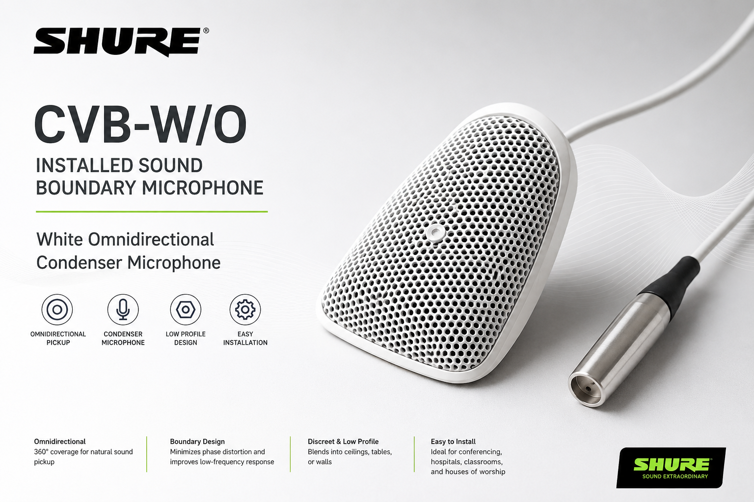 Shure CVB-W/O Installed Sound Boundary Microphone – White Omnidirectional Condenser Mic