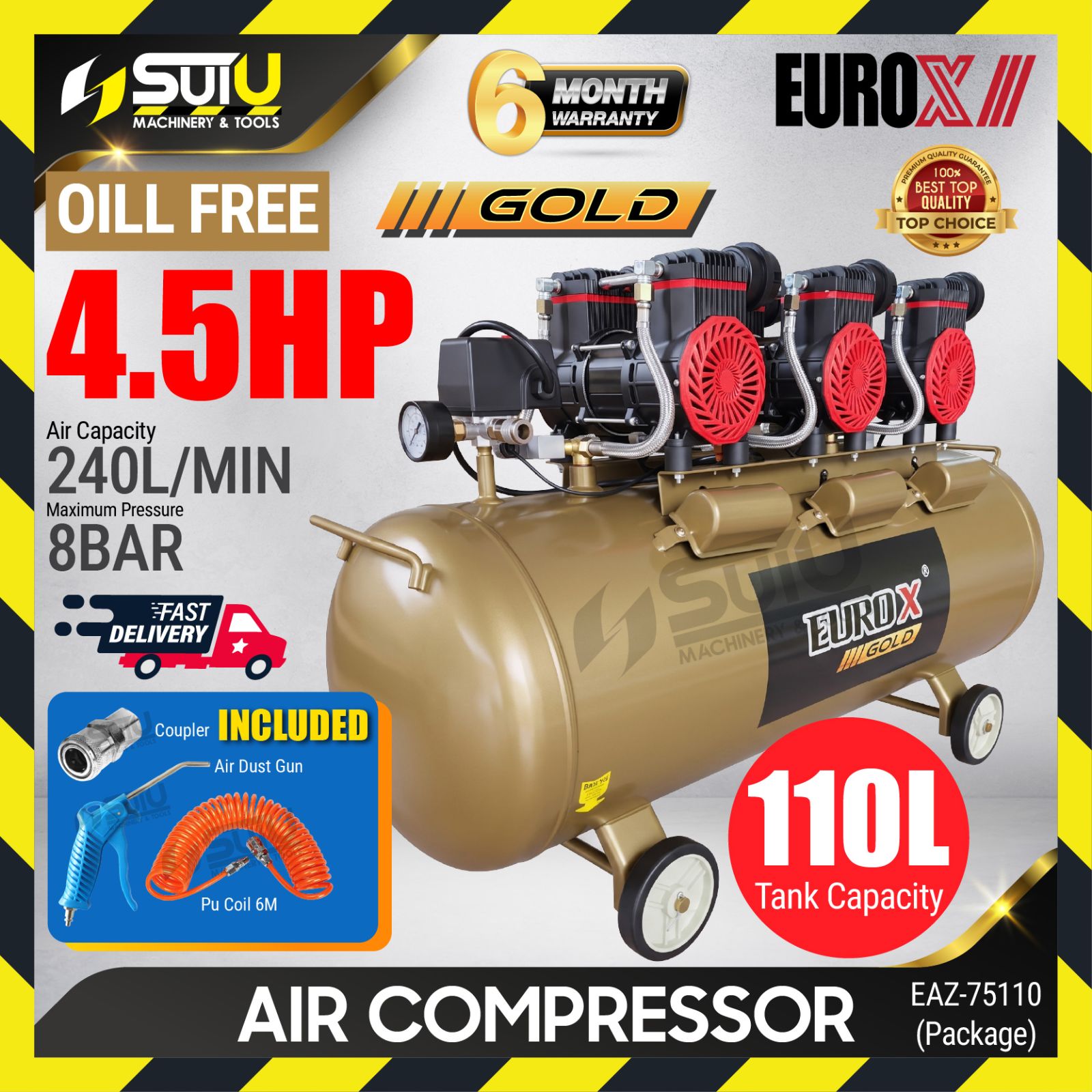 [PACKAGE] EUROX EAZ-75110 / EAZ75110 / EAZ 75110 4.5HP 8Bar Oil-Free / Oilless Compressor / Kompressor 2850RPM