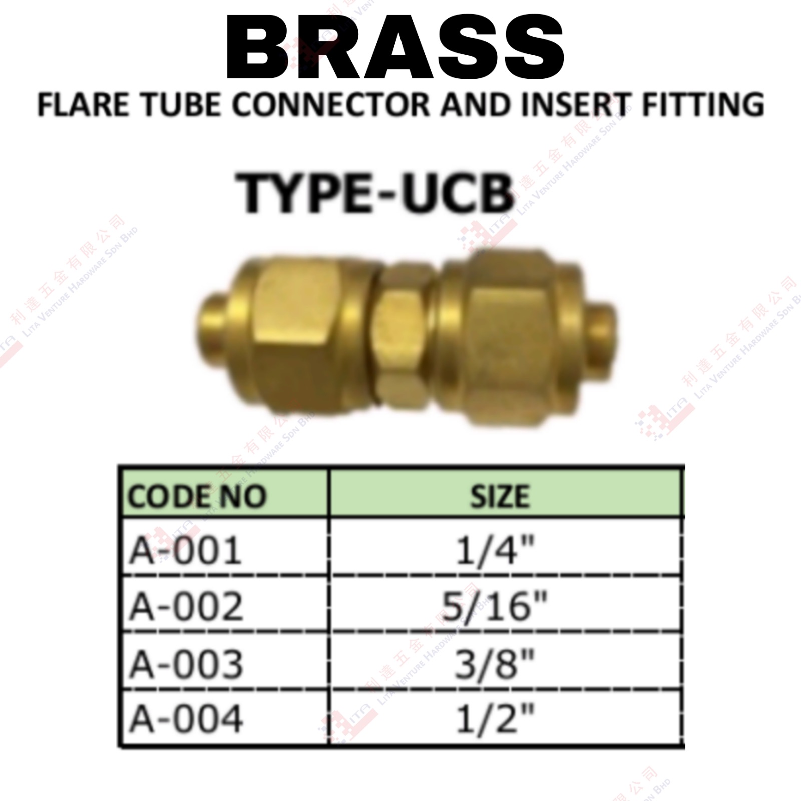 BRASS FLARE TUBE CONNECTOR AND INSERT FITTING TYPE UCB - A001 A002 A003 A004