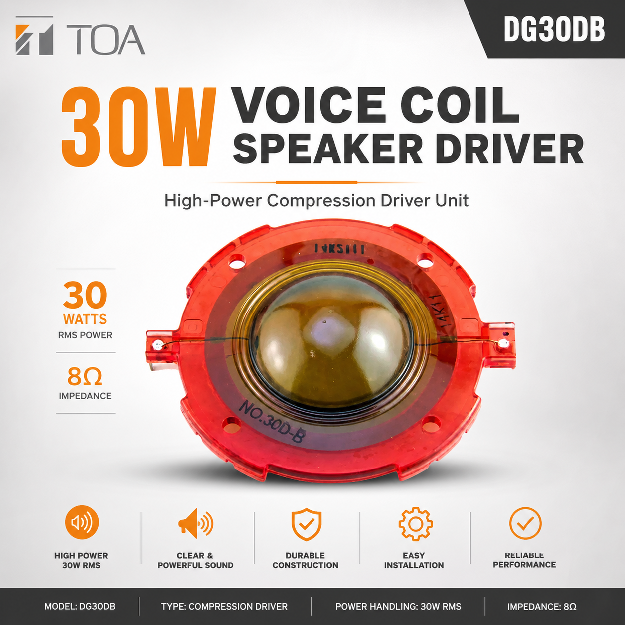 TOA DG30DB Pemacu Gegelung Suara 30W – Unit Pemacu Mampatan Berkuasa Tinggi