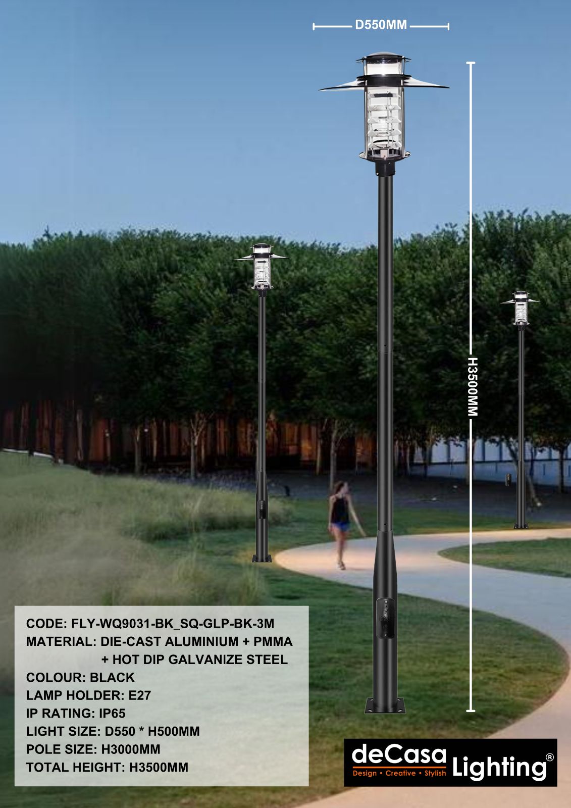 OUTDOOR GARDEN POLE LIGHT (FLY-WQ9031-BK_SQ-GLP-BK-3M)