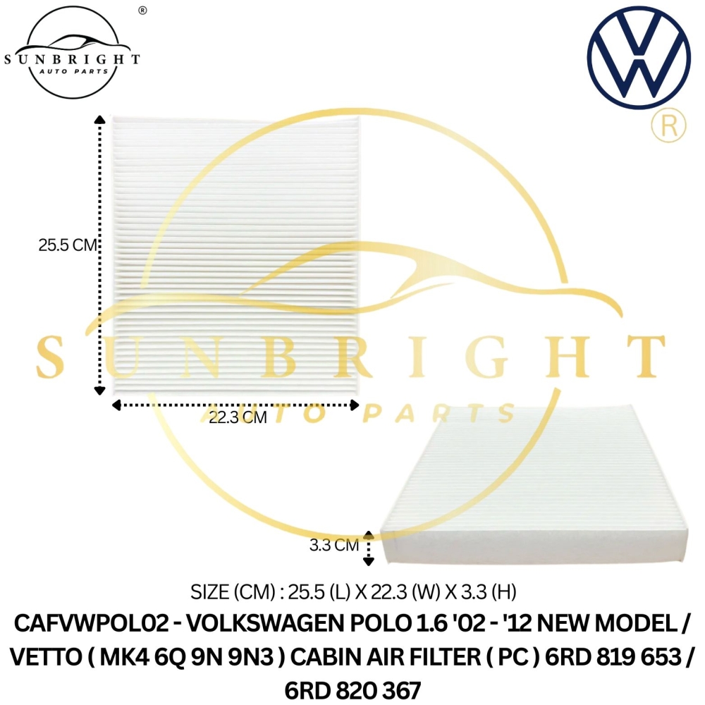 CAFVWPOL02 - VOLKSWAGEN POLO 1.6 '02 - '12 NEW MODEL / VETTO ( MK4 6Q 9N 9N3 ) CABIN AIR FILTER ( PC ) 6RD 819 653 / 6RD 820 367