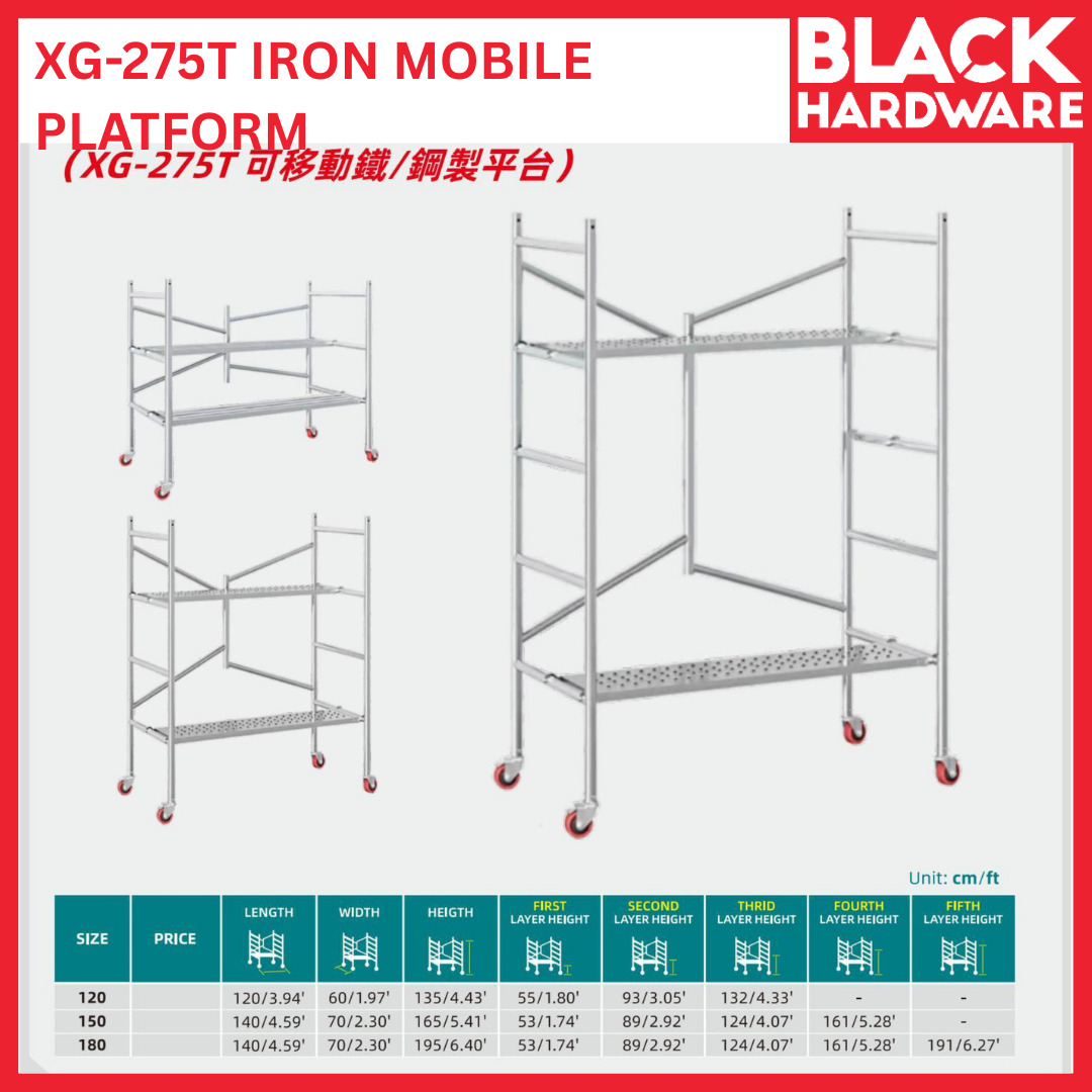 Black Hardware TONGDA XG-275T Iron Mobile Platform | Heavy-Duty Multi-Tier Steel Scaffold Tower