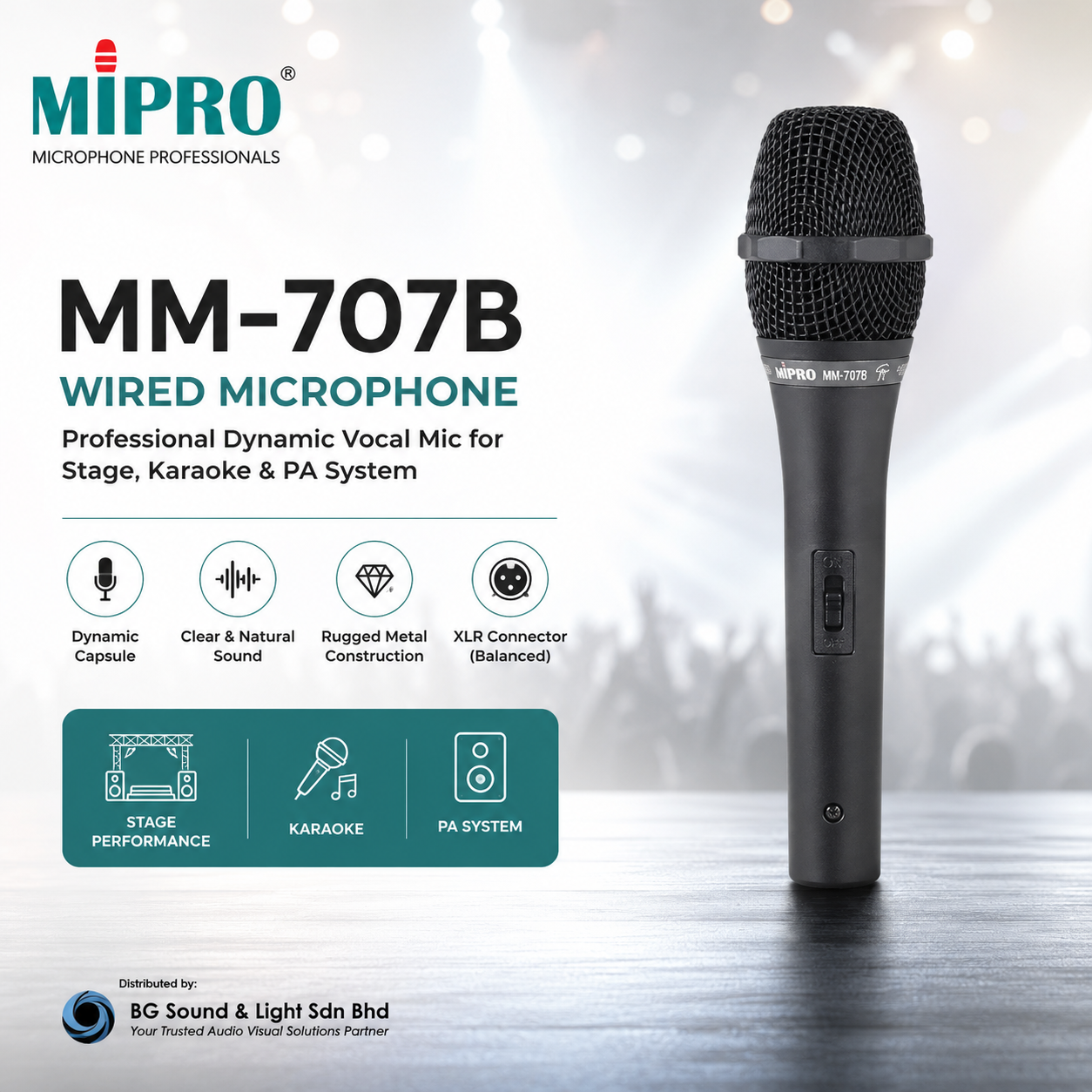MIPRO MM-707B Wired Microphone – Professional Dynamic Vocal Mic for Stage, Karaoke & PA System Malaysia