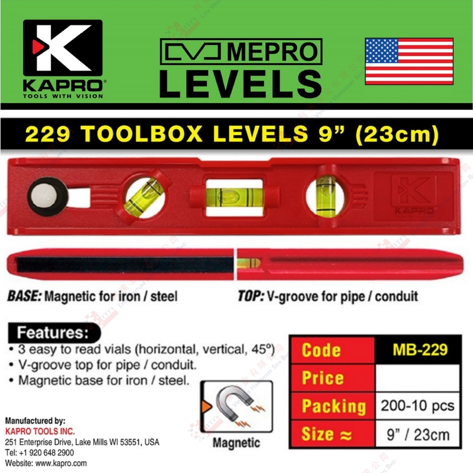 KAPRO BRAND 229 TOOLBOX LEVELS 9'' - MB229