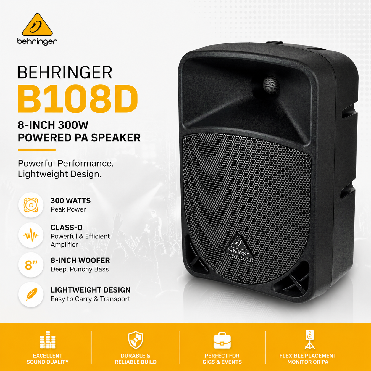 Behringer B108D – 8-Inch 300W Powered PA Speaker with Class-D Amplifier & Lightweight Design