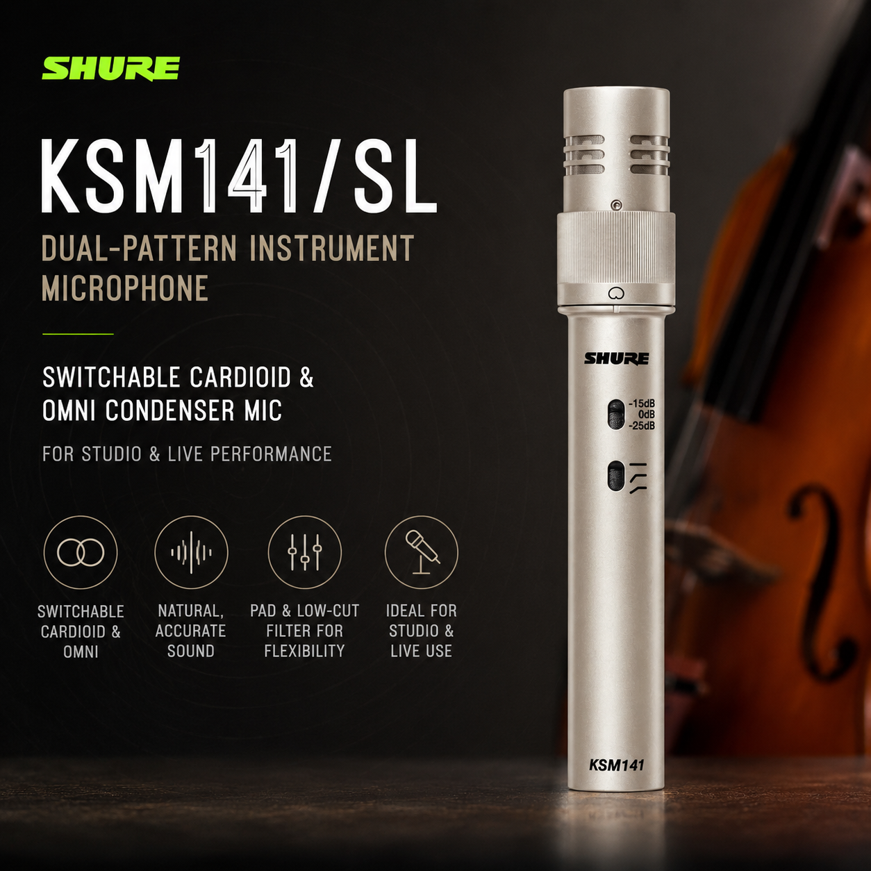 Shure KSM141/SL Mikrofon Alat Muzik Corak Dwi – Mikrofon Pemeluwap Kardioid & Omni Boleh Tukar untuk Studio & Persembahan Langsung