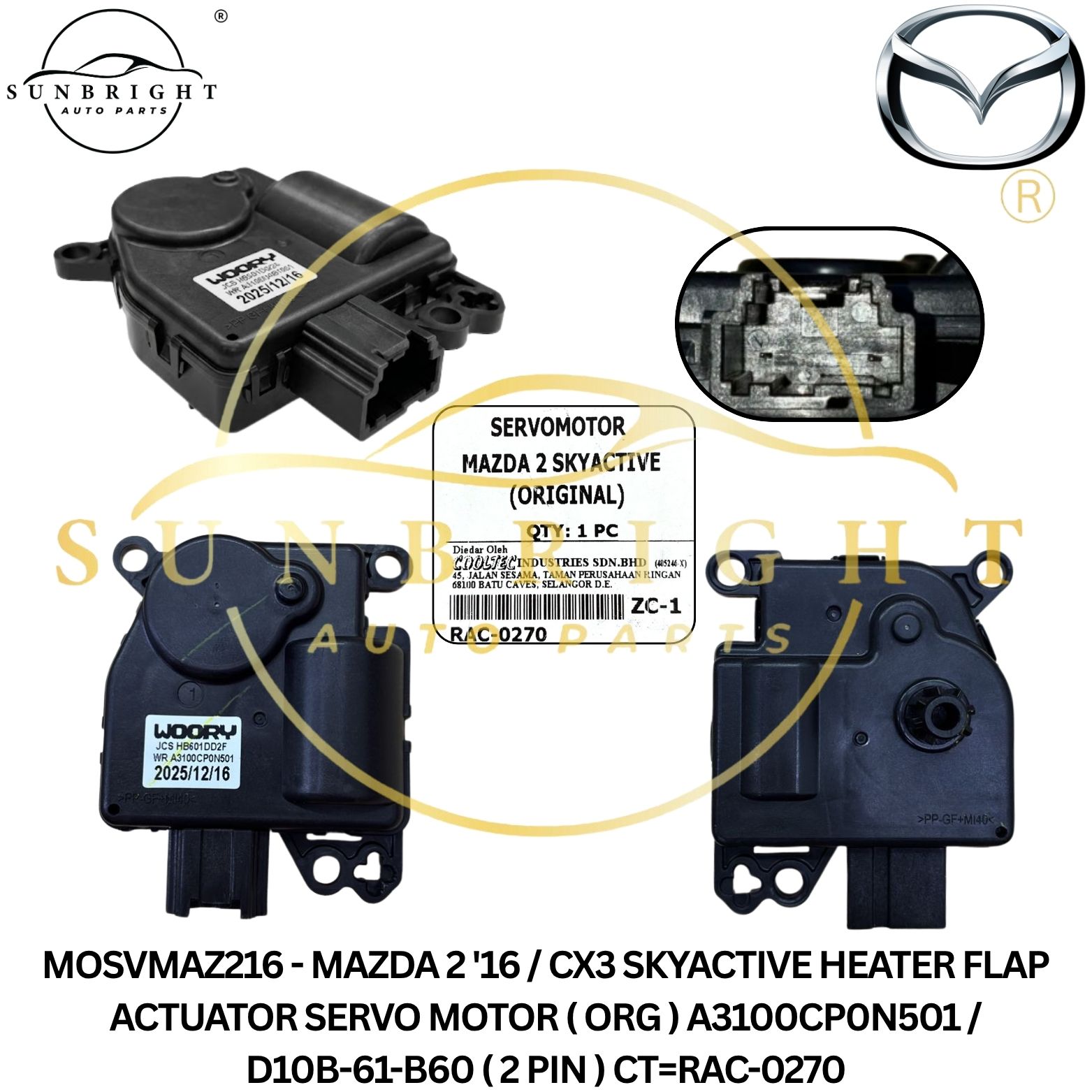 MOSVMAZ216 - MAZDA 2 '16 / CX3 SKYACTIVE HEATER FLAP ACTUATOR SERVO MOTOR ( ORG ) A3100CP0N501 / D10B-61-B60 ( 2 PIN ) CT=RAC-0270