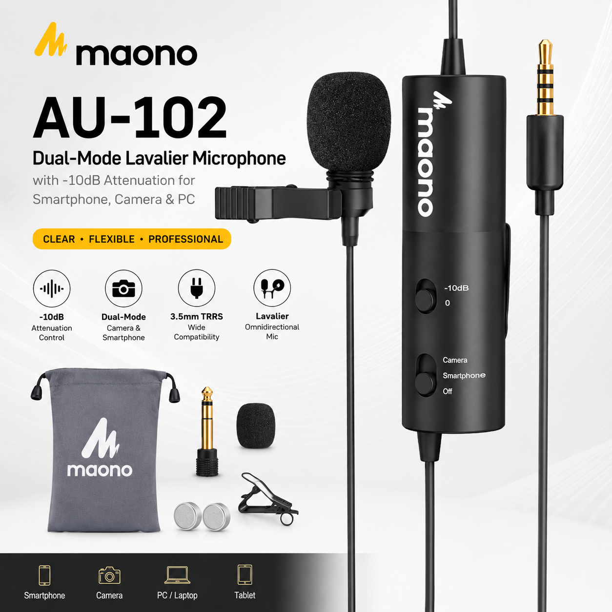 Maono AU-102 – Dual-Mode Lavalier Microphone with -10dB Attenuation for Smartphone, Camera & PC