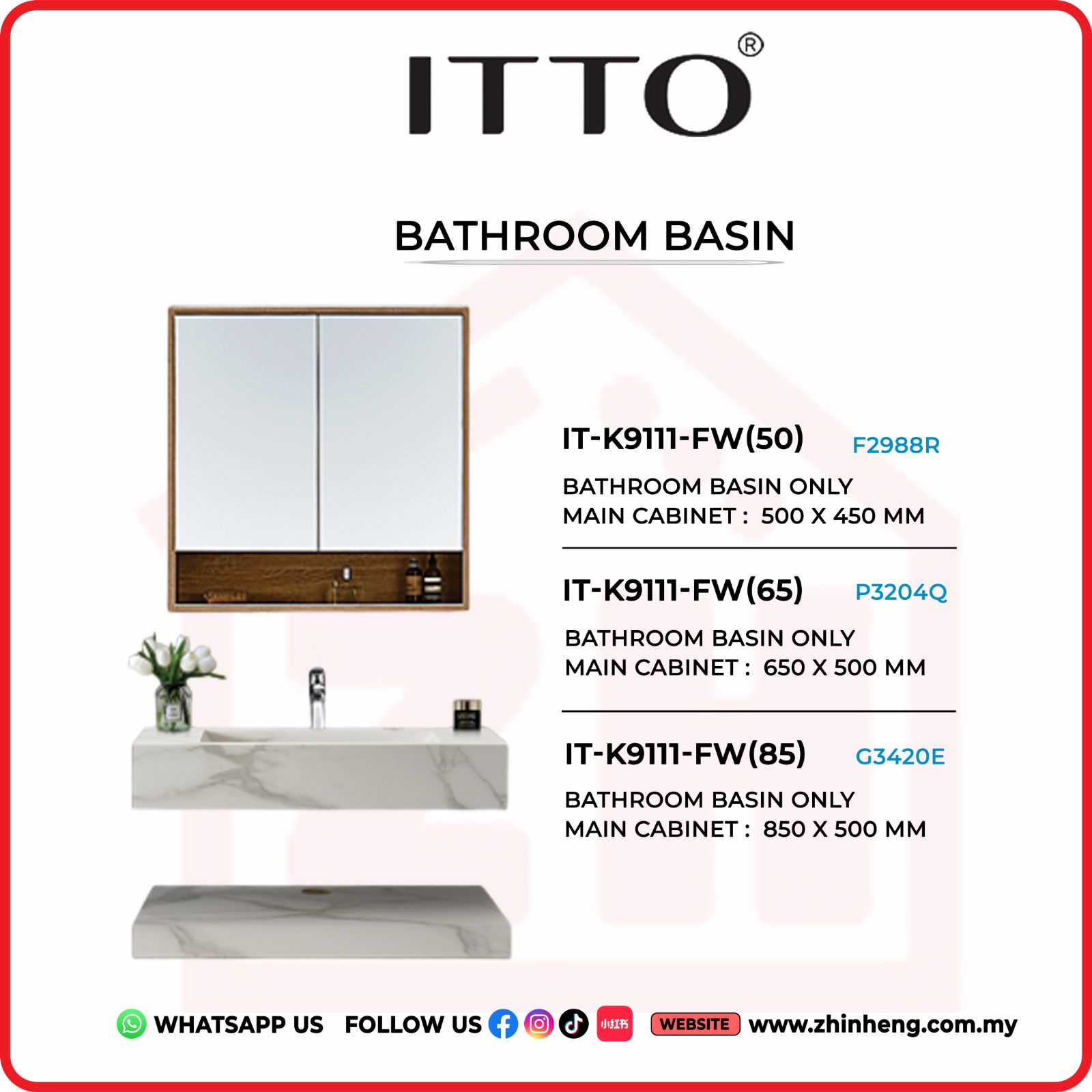 ​​​​​​​ITTO BATHROOM BASIN ONLY IT-K9111-FW(50) + IT-K9111-FW(65) + IT-K9111-FW(85)