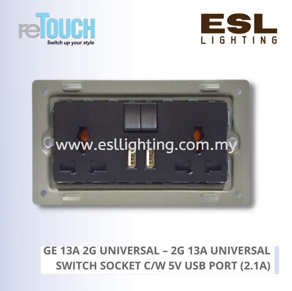 RETOUCH GRAND ELEMENTS - GE 13A 2G UNIVERSAL - E/SO210U-GB – 2G 13A UNIVERSAL SWITCH SOCKET C/W 5V USB PORT (2.1A)