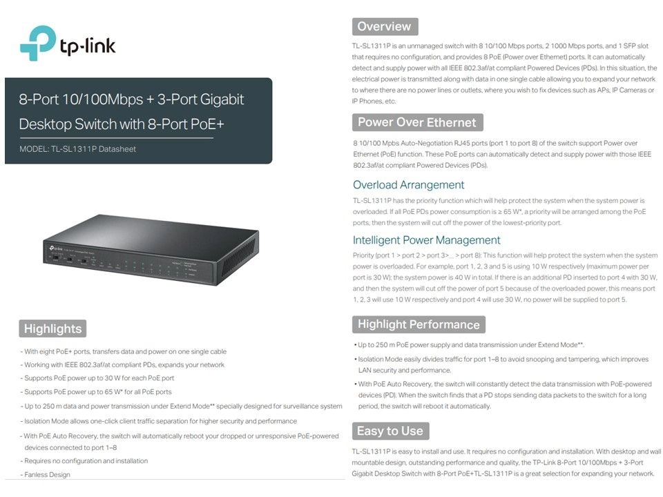 TP-LINK 6-Port / 11-Port 10/100 Mbps Desktop Switch with 4 Port PoE+ / 8 Port PoE+ (TL-SF1006P / TL-SL1311P)