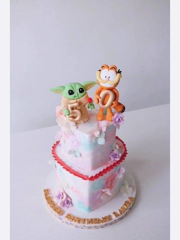 Baby Yoda and Garfield Anniversary Cake