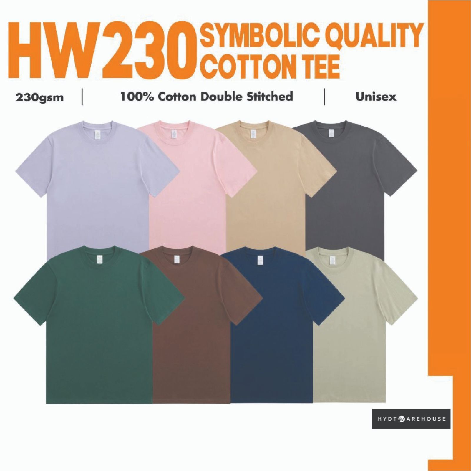 HYDT WAREHOUSE  HW230 Symbolic Cotton 210-230gsm T-Shirt Unisex Adult Regular Fit Combed Cotton Tshirt Baju Tebal