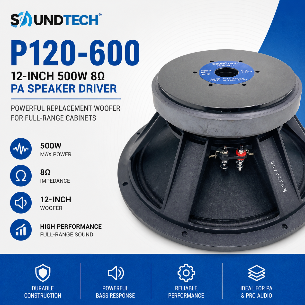 Soundtech P120-600 12-Inch 500W 8Ω PA Speaker Driver – Powerful Replacement Woofer for Full-Range Cabinets