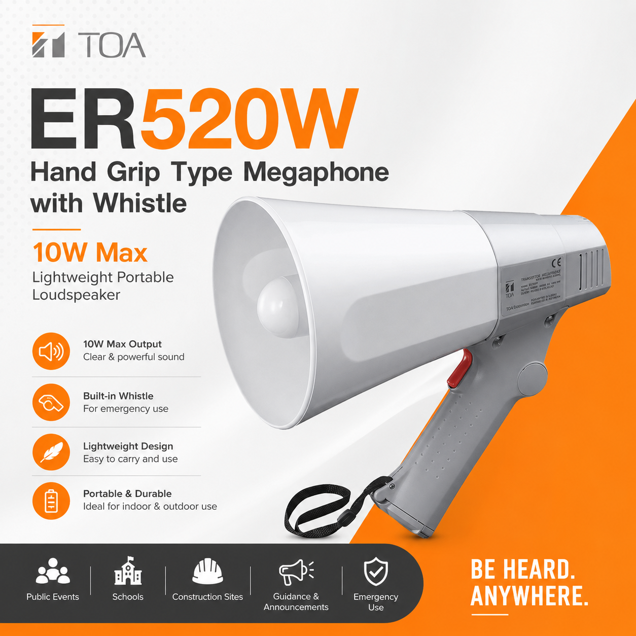 TOA ER520W Hand Grip Type Megaphone with Whistle – 10W Max Lightweight Portable Loudspeaker