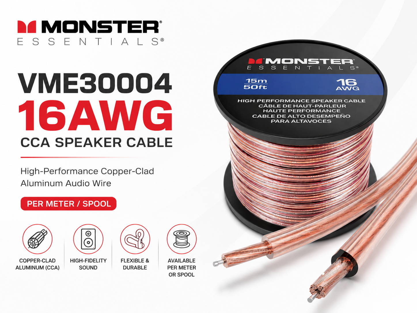 Monster VME30004 16AWG Kabel Pembesar Suara CCA – Kabel Audio Tembaga Bersalut Aluminium Berprestasi Tinggi (Per Meter/Gulungan)