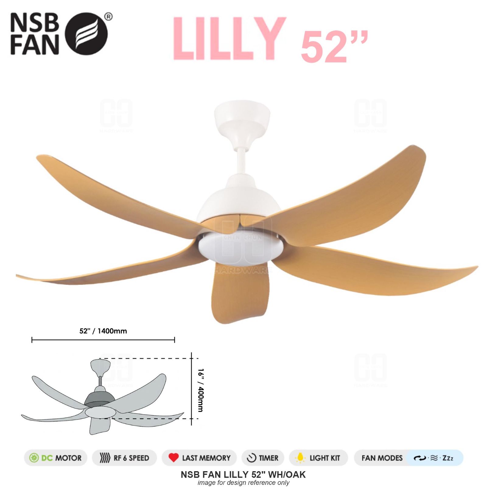 NSB FAN LILLY 52" WH/OAK
