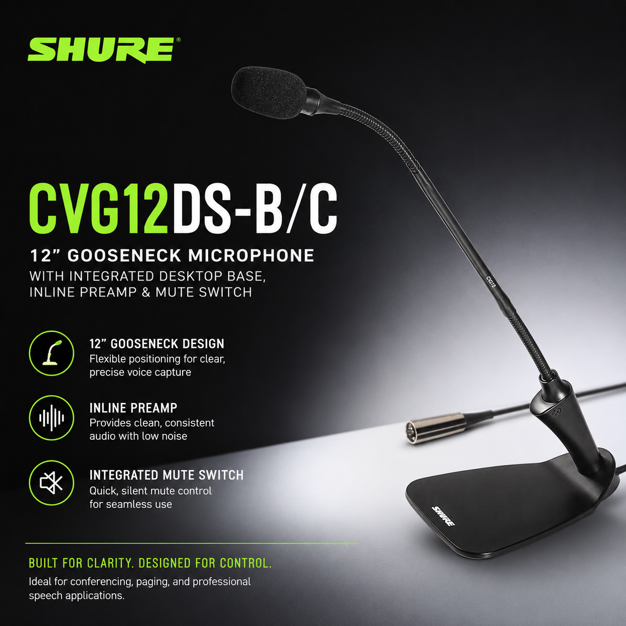 Shure CVG12DS-B/C Mikrofon Gooseneck 12” dengan Tapak Meja Bersepadu, Preamplifier Sebaris & Suis Senyap