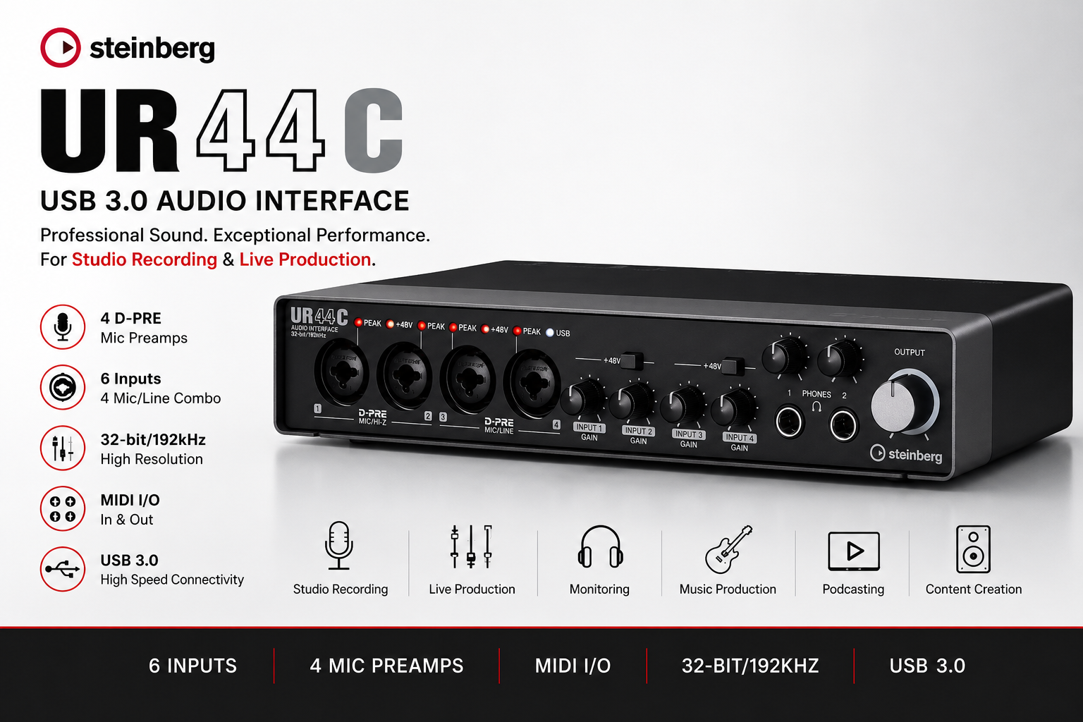 Steinberg UR44C – Antaramuka Audio USB 3.0 dengan 6 Input, 4 Preamp Mikrofon, MIDI & Resolusi 32-bit/192kHz untuk Rakaman Studio & Produksi Muzik