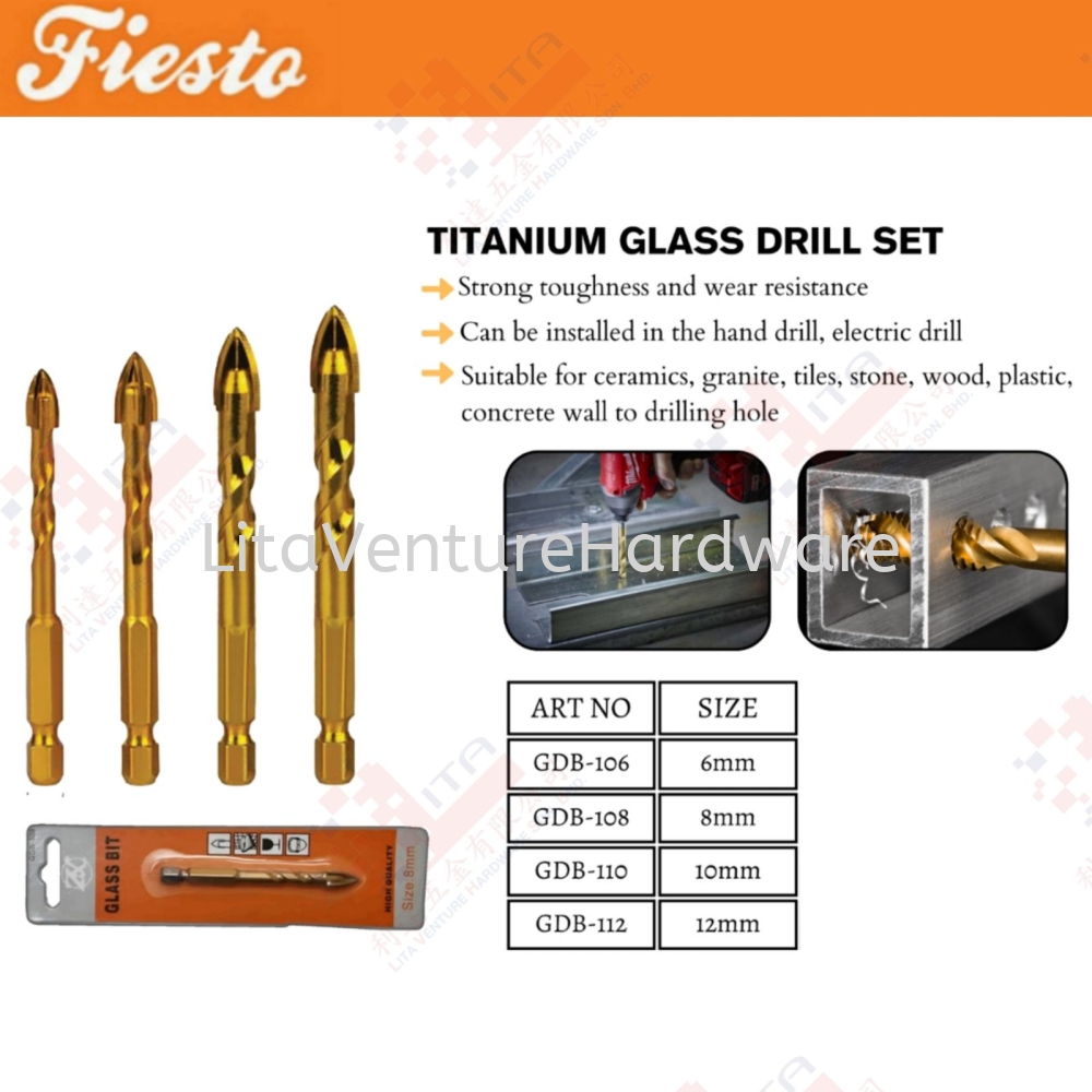 FIESTO BRAND TITANIUM GLASS DRILL SET - GDB106 GDB108 GDB110 GDB112