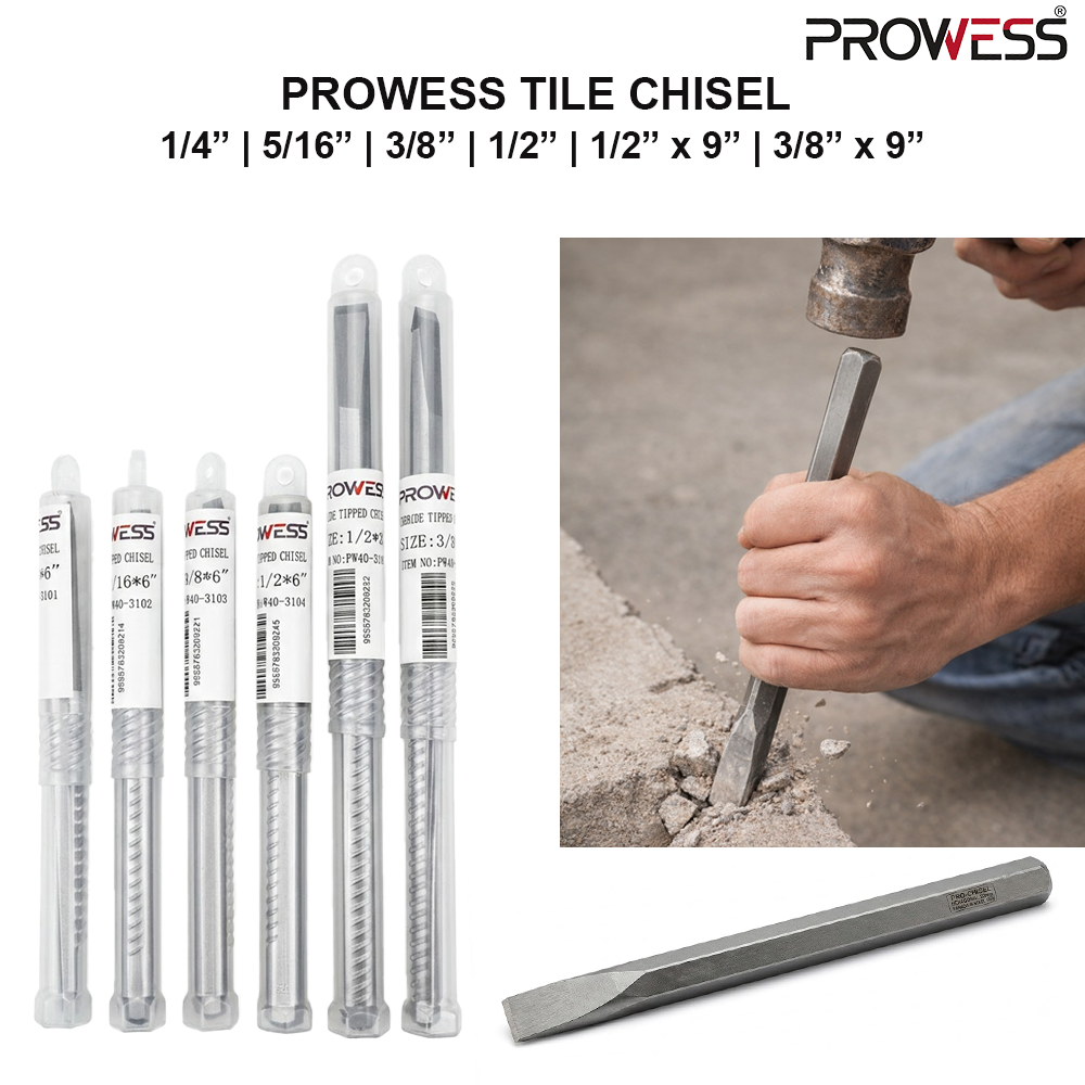 PROWESS TILE CHISEL | PROFESSIONAL TILE & MASONRY CHISEL | HARDENED STEEL HAND TOOL 1/4” | 5/16” | 3/8” | 1/2” | 1/2” x 9” | 3/8” x 9” ( PW40-3101 | PW40-3102 | PW40-3103 | PW40-3104 | PW40-3105 | PW40-3106 )