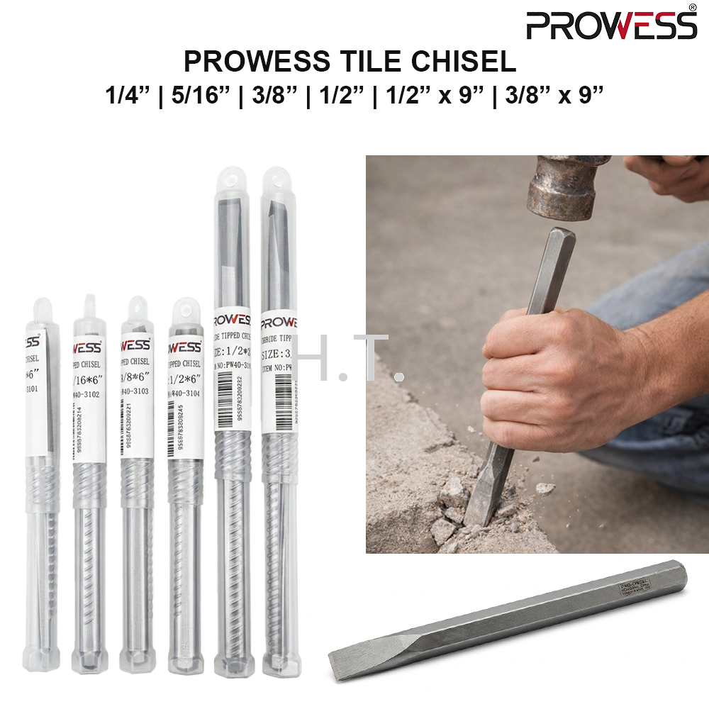 PROWESS TILE CHISEL | PROFESSIONAL TILE & MASONRY CHISEL | HARDENED STEEL HAND TOOL 1/4” | 5/16” | 3/8” | 1/2” | 1/2” x 9” | 3/8” x 9” ( PW40-3101 | PW40-3102 | PW40-3103 | PW40-3104 | PW40-3105 | PW40-3106 )