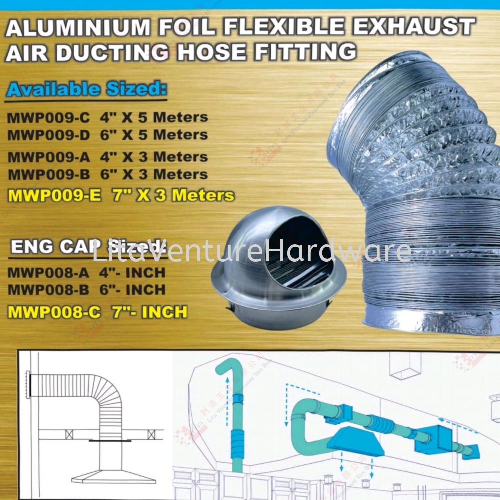 ALUMINIUM FOIL FLEXIBLE EXHAUST AIR DUCTING HOSE FITTING - MWP009C MWP009D MPW009A MPW009B MPW009E MWP008A MPW008B