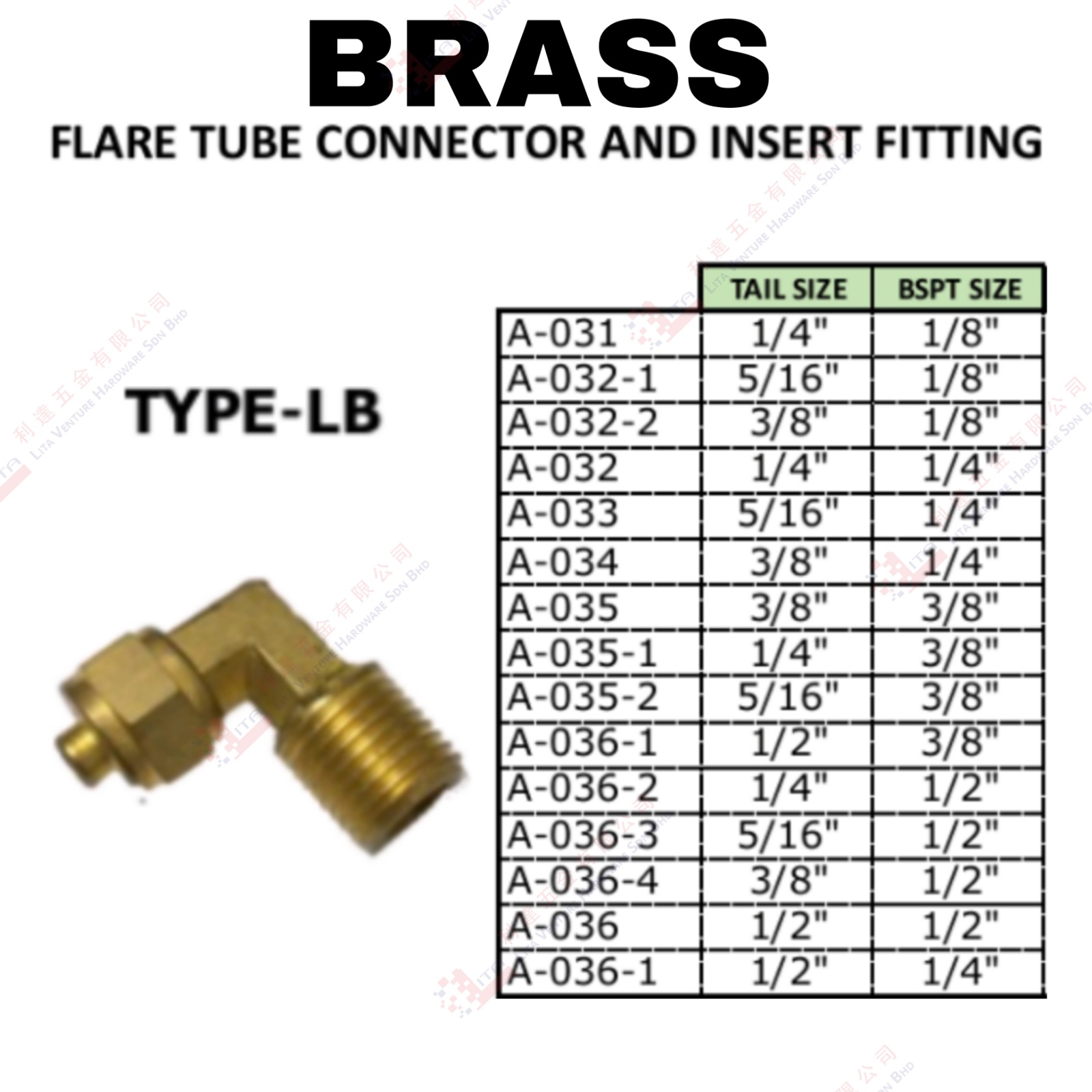 BRASS FLARE TUBE CONNECTOR AND INSERT FITTING TYPE LB - A031 A0321 A0322 A032 A033 A034 A035 A0351 A0352 A0361 A0362 A0363 A0364 A036 A0361