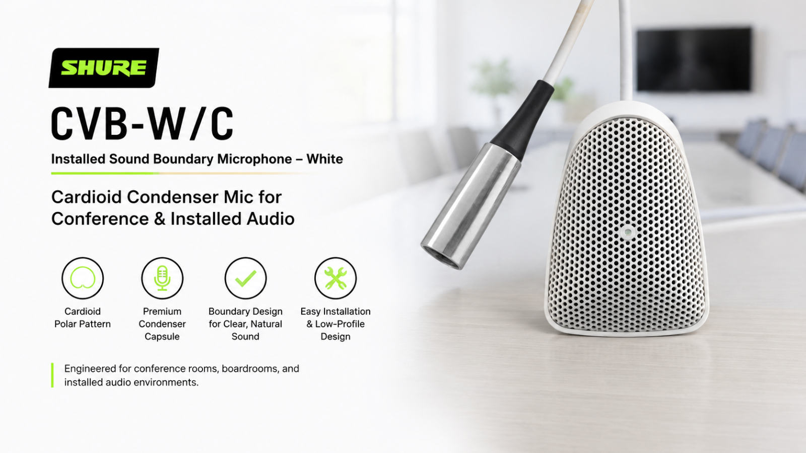Shure CVB-W/C Mikrofon Boundary Dipasang Tetap – Mikrofon Kondensor Kardioid Putih untuk Persidangan & Audio Tetap