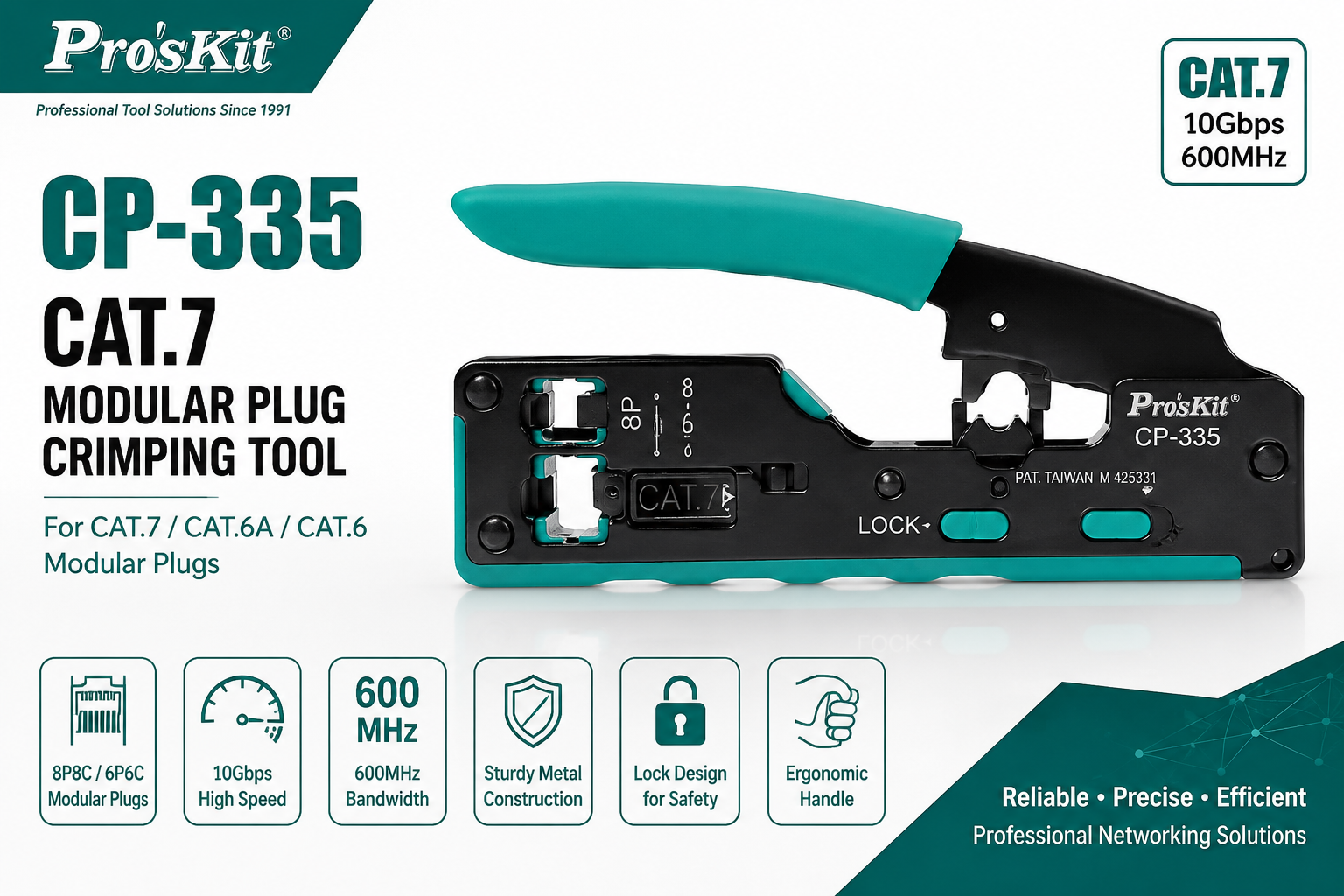 Pro'sKit CP-335 CAT.7 Modular Plug Crimping Tool for RJ45 Ethernet Connectors | Network Cable Crimper for CAT7, CAT6A & CAT6