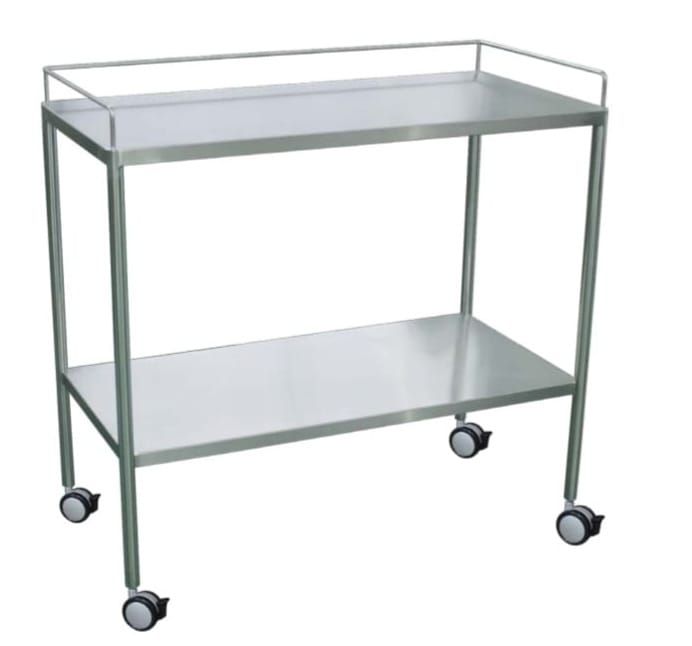 LKL MEDICAL INSTRUMENT TABLE (SS) Model CT2130 – C/W 3-WAY GUARD RAIL ON THE TOP SHELF