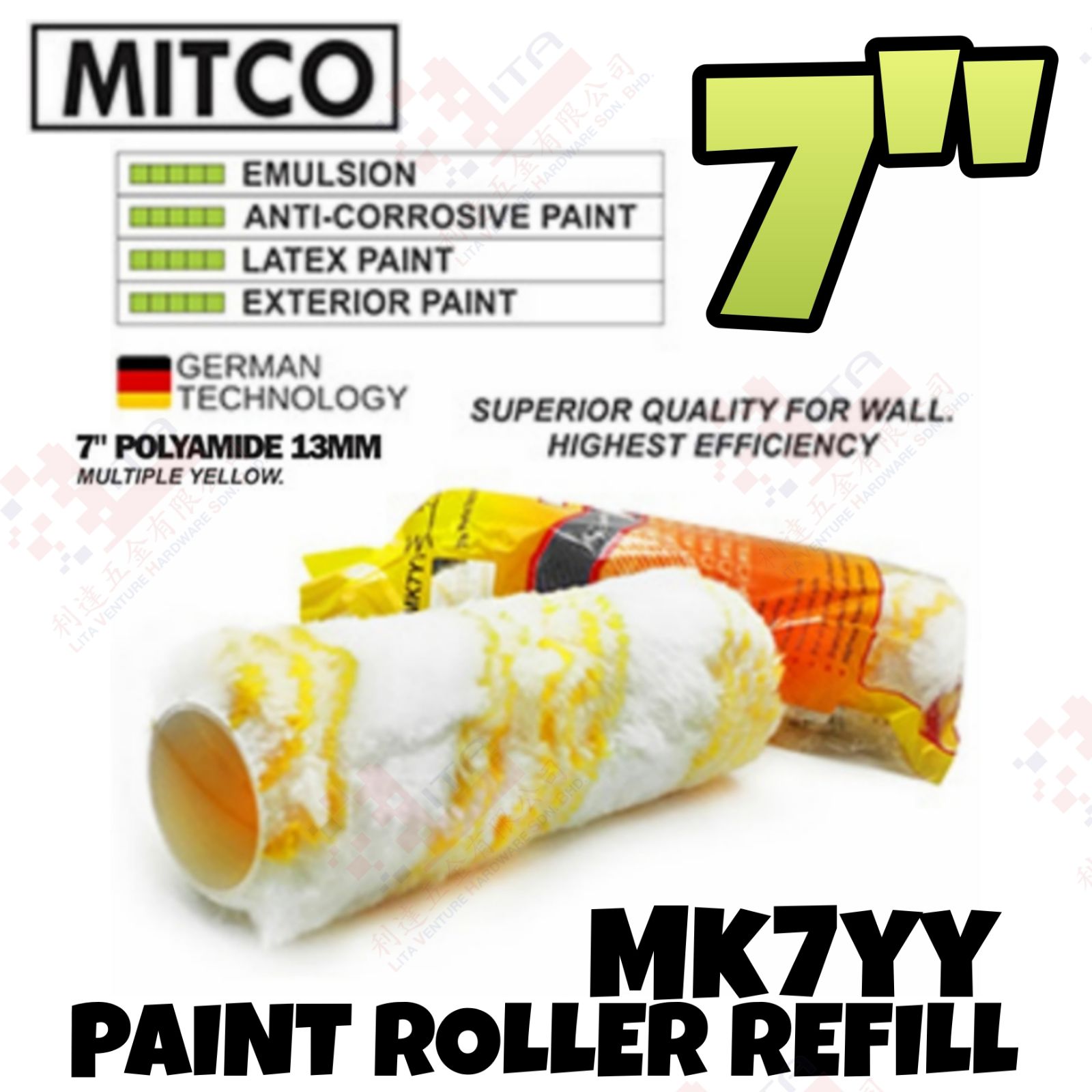 MITCO BRAND 7'' POLYAMIDE 13MM OAINT ROLLER REFILL - MK7YY
