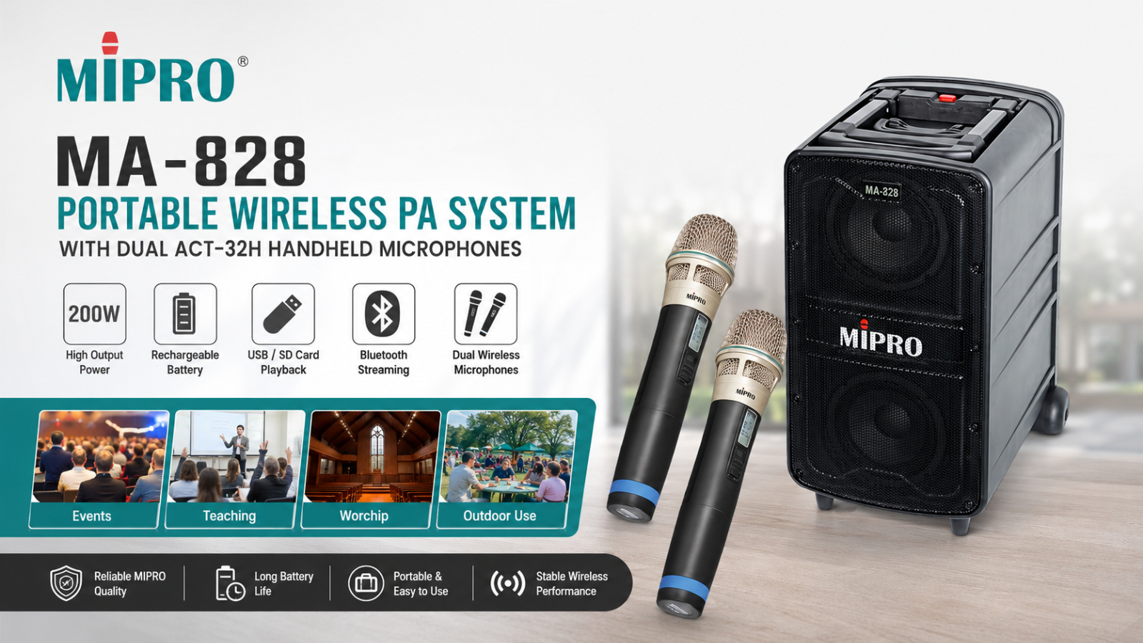 MIPRO MA-828 Portable Wireless PA System with Dual ACT-32H Handheld Microphones (UHF Professional Speaker Malaysia)