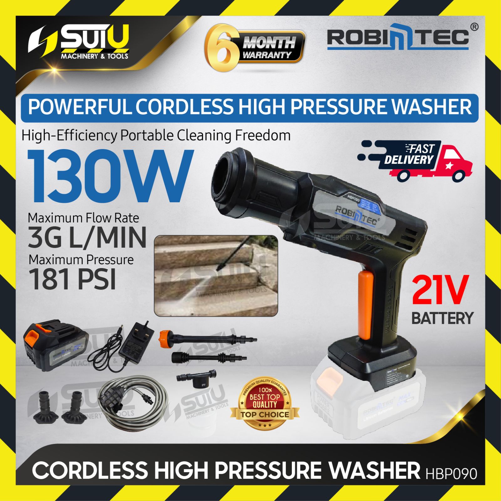 [SET] ROBINTEC HBP090 21V Cordless High Pressure Washer / Cleaner / Water Jet w/ 1 x Battery 4.0Ah + Charger